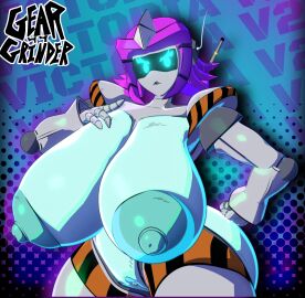 3d 3d_model angry big_nipples blue_breasts breasts female geargrinder44 glowing_eyes gynoid hazard_stripes highres hips huge_breasts puffy_nipples purple_hair robot robot_girl victoria_(geargrinder44) wide_hips