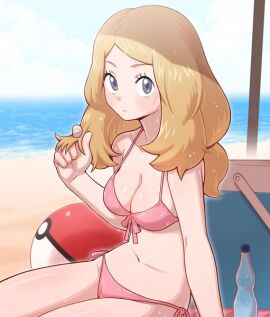 1girls beach beach_ball bikini blonde_female blue_eyes female outside pokemon pokemon_xy_(anime) sand serena_(pokemon) solo swimsuit
