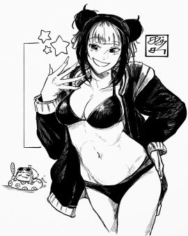 1girls ass big_ass big_breasts bikini black_and_white black_hair breasts female grabbing_ass hinao_(kagurabachi) horny horny_female jacket kagurabachi katsutentacle sexy_pose smile stars