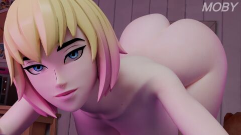 1girls 3d ass bedroom big_ass breasts completely_nude female female_only fortnite gwen_poole gwenpool gwenpool_(fortnite) looking_at_viewer marvel marvel_comics moby_(artist) multicolored_hair nude nude_female shiny shiny_skin smile smiling smiling_at_viewer solo solo_female