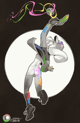 1girls ass baseball_cap baseball_glove ben_day_dots bottomless breasts casual_exposure catching creux eyelashes female greyscale jacket kneesocks lucia_(creux) naked_footwear on_one_leg open_jacket original paint_on_body paint_on_clothes paint_splatter pussy raised_arm rear_view side_boob small_breasts sneakers splatball spot_color