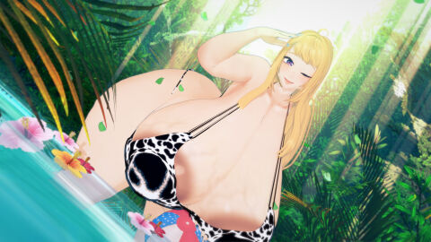 1girls 3d animal_print ass bbw big_ass big_breasts blonde_hair bra breasts bush bushes closed_eye cow_print cow_print_bikini detailed_background dosanko_gal_wa_namara_menkoi female female_only flowers fuyuki_minami gyaru heart-shaped_pupils huge_ass huge_breasts hyper_breasts hyper_nipples ineffective_clothing koikatsu large_ass large_breasts leaves light-skinned_female light_skin magenta_eyes nail_polish ngs_(artist) nipple_slip peeking_nipple pink_nipples plump pond purple_eyes revealing_clothes revealing_swimsuit smile source sunlight sunlight_rays swimsuit swimwear tree trees veiny_breasts venus_body winking_at_viewer