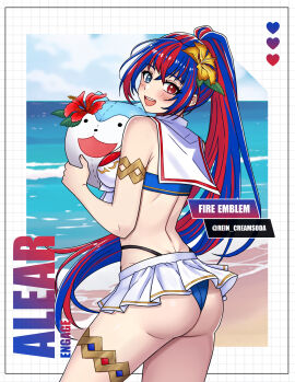 1girls absurdres alear_(female)_(seaside_dragon)_(fire_emblem) alear_(fire_emblem) alear_(fire_emblem)_(female) artist_name ass ball_(object) bare_shoulders beachball bikini bikini_skirt blue_bikini blue_eyes blue_hair blue_sky blush breasts character_name cloud cloudy_sky commentary copyright_name crossed_bangs day female fire_emblem fire_emblem_engage fire_emblem_heroes flower gold_thighlet hair_flower hair_ornament heterochromia hibiscus high_ponytail highleg highres holding long_hair looking_at_viewer medium_breasts multicolored_bikini multicolored_clothes multicolored_hair multicolored_swimsuit nintendo ocean official_alternate_costume official_alternate_hairstyle open_mouth outdoors ponytail red_bikini red_eyes red_hair rein_creamsoda sailor_collar sky sleeveless smile solo sommie_(fire_emblem) split-color_hair swimsuit teeth thigh_strap thighs two-tone_hair upper_teeth very_long_hair water white_bikini