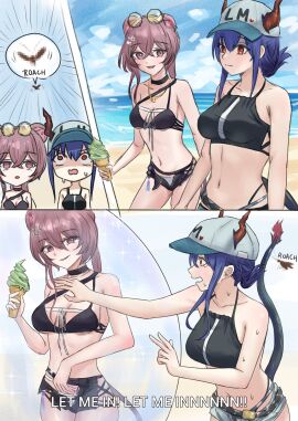 2girls arknights beach bikini blue_hair cap ch'en_(arknights) cockroach female female_tourist_c_(arknights) forcefield horns ice_cream lin_yuhsia_(arknights) pink_eyes pink_hair red red_eyes runyo_(yale12312) scared shorts sports_bra tail