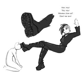 1boy 1girls black_and_white blush blushing_at_partner boot_fetish boot_licking boot_worship boots celera_prime choker dominant_female dominatrix english english_text female femdom femdom_caption foot_fetish foot_lick foot_worship footwear gentle_femdom goth goth_girl goth_tomboy hoodie knee_boots kneeling looking_at_viewer male male/female monochrome original_character original_characters platform_boots platform_footwear platform_heels platform_shoes shoe_fetish shoe_licking sideburns submissive_male tight_clothes tight_clothing tight_pants tomboy