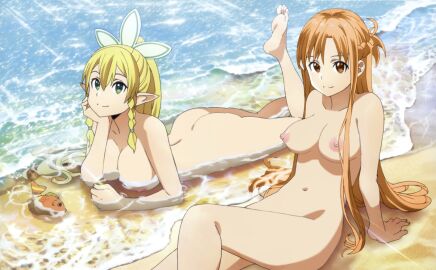 2girls alfheim_online alluring ass bare_legs beach big_breasts blonde_hair breasts brown_eyes brown_hair completely_nude convenient_censoring day edit female green_eyes grey_eyes in_water kirigaya_suguha leafa long_hair looking_at_viewer lying lying_on_stomach medium_breasts nipples nude nude_female outside sand sitting smile sword_art_online water yuuki_asuna