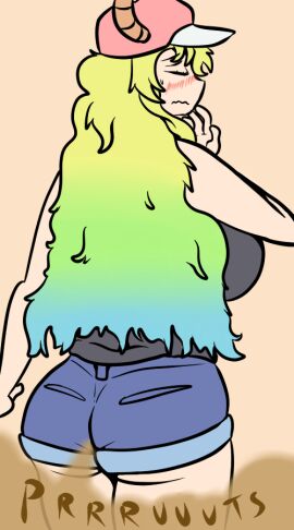 ass ass_focus big_ass big_breasts blush_lines breasts closed_eyes denim_shorts embarrassed fart fart_cloud fart_fetish female lucoa miss_kobayashi's_dragon_maid quetzalcoatl_(dragon_maid)