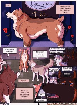 australian_shepherd backsack balls ballsack blue_eyes breath canid canine canis cheek_tuft close-up denver_(colorado) dialogue dog_show domestic_dog english_text facial_tuft female fence feral floppy_ears fluffy fluffy_butt forest genitals german_shepherd group herding_dog hi_res husky light male mammal mey_(parooty) moon moonlight narration neck_tuft nordic_sled_dog nub_tail outside parooty pastoral_dog plant praise rocky_(parooty) roy_(parooty) scoff sheepdog smile speech_bubble spitz stage text tree tuft