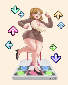 1girls 2d arrow_(symbol) big_breasts black_glasses blonde_hair blue_eyes bouncing_breasts breasts capcom cleavage dance_dance_revolution dancing dead_rising dead_rising_(series) ear_piercing earrings erect_nipples eyewear female female_only footwear full_body glasses hair heels high_heels hips huge_breasts jessica_mccarney legs motion_lines nipple_bulge nipples office_clothing office_lady one_eye_closed pummies short_hair solo solo_female sweat sweatdrop sweaty thighs wide_hips