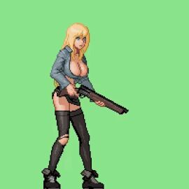 1girls animated blonde_hair blue_eyes boots breasts busty cleavage cleavage_overflow female female_focus female_only full_body green_background gun hourglass_figure huge_breasts justman legwear light-skinned_female light_skin long_hair nylons parasite_in_city pixel_animation pixel_art shirt shotgun stockings tagme tied_shirt torn_legwear wide_hips