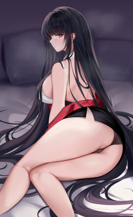 1girls absurdres alvitr_(azur_lane) alvitr_(muspel's_torrid_secrets)_(azur_lane) ass azur_lane backless_shirt bare_legs bare_shoulders black_hair black_panties black_skirt blunt_bangs breasts cameltoe closed_mouth feet_out_of_frame female from_behind hair_over_shoulder heart heart-shaped_pupils highres iron_blood_(azur_lane) jacket large_breasts legs light-skinned_female light_skin long_hair looking_at_viewer lying miniskirt off_shoulder office_lady official_alternate_costume on_side panties partially_visible_vulva pussy red_eyes red_jacket shirt sideboob skirt sleeveless sleeveless_shirt solo sweat symbol-shaped_pupils thighs underwear very_long_hair white_shirt wo_meiyou_mao
