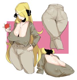 1girls ass ass_focus bangs bangs_over_one_eye blonde_female blonde_hair breast_focus breasts brown_topwear cleavage cynthia_(pokemon) female fully_clothed grey_pants hair_accessory hair_bobbles hair_ornament hair_over_one_eye large_breasts leebongchun lips lipstick long_hair long_sleeves mature mature_female mole mole_on_breast multiple_views necklace nipple_bulge nipples nipples_visible_through_clothing open_mouth panties_visible_through_clothing pink_lips pink_lipstick pokeball pokemon ring ring_(jewelry) sagging_breasts sleeves solo standard_pokeball straight_hair very_long_hair