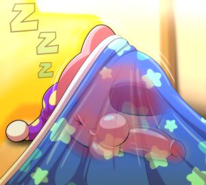 absurd_res alien anus balls bed bedding big_balls big_penis blanket blue_blanket clothing copy_ability erection erection_under_blanket facing_away_from_viewer furniture genitals hat headgear headwear hi_res kirby kirby_(series) male motion_lines nintendo penis sleeping solo sound_effects tepigfan101 under_covers vowelless vowelless_sound_effect waddling_head wet_dream zzz