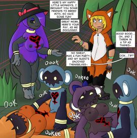 absurd_res animal_humanoid anthro big_breasts black_body black_face black_feet black_fur black_hands blonde_hair blue_body blue_bow_tie blue_eyes blue_fur bouncywild bow_tie bracelet brainwashing breasts claws clothes_falling_off clothing dialogue english_text fake_tree feet female fur gender_transformation genitals gold_ear_ring golden_collar grass grey_hands group group_sex hair haplorhine hat headgear headwear heartless heartless_symbol hi_res human humanoid intelligence_loss jewelry jewerly_only kigurumi kingdom_hearts komin_(raichumorph4) legacy_(linkthehero5555) light light_beam long_hair magic_user male male/female mammal mammal_humanoid monkey mr-haitch nipples nude onesie orange_body orange_bow_tie orange_fur orange_hair orange_tail orgy penetration penile penile_penetration penis penis_in_pussy plant ponytail powerwild primate primate_humanoid purple_body purple_fur purple_hair purple_tail pussy rai_(raichumorph4) red_bow_tie sex speech_bubble square_enix tail text transformation unaware_transformation vaginal_penetration witch witch_hat yellow_eyes zipper