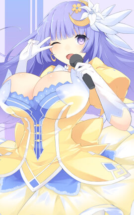 2d 2d_(artwork) big_breasts breasts cleavage clothed date_a_live dress female grey_eyes grey_hair head_ornament izayoi_miku jam_(pixiv) light-skinned_female light_skin long_hair looking_at_viewer microphone ornament solo solo_female thighs wink