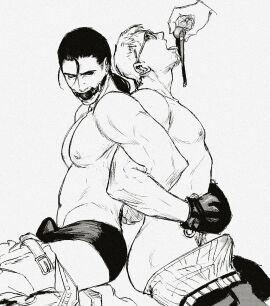 2boys barem_(chainsaw_man) black_hair black_underwear bondage_mittens bound_together boxers chainsaw_man enthusiastic enthusiastic_consent gag gagged glasses highres male male_only mouth_gag restrained smokerichi smokerichiart spear_hybrid tongue tongue_out white_background