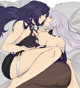 acheron_(honkai:_star_rail) black_swan_(honkai:_star_rail) cuddle cuddling female honkai:_star_rail in_bed long_hair sensual thighs yuri