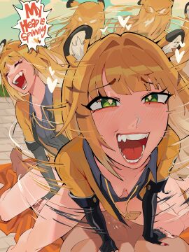 1boy 1girls 2d 2d_(artwork) blush_lines cowgirl_position diforland english_text female funny implied_penetration ju_fufu ju_fufu_(zenless_zone_zero) light-skinned_female light-skinned_male light_skin male motion_blur on_top_of_another penis spinning spinning_on_penis straight straight_sex text unseen_male_face yellow-haired_female yellow_hair zenless_zone_zero