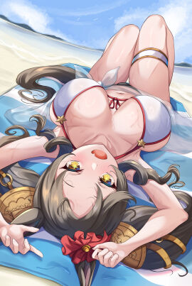 beach beach_towel black_hair breasts female huge_breasts laying_down looking_at_viewer marvelous_sunday_(umamusume) star-shaped_pupils swimsuit umamusume white_bikini