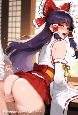 1boy 1girls ai_generated barefoot belliora big_ass big_breasts blush breasts brown_hair doggy_style female female_on_cloth hair_tubes heart heart_censor highres indoors large_breasts long_hair looking_at_viewer looking_back lying naked_kimono nipples open_mouth penis penis_in_pussy red_eyes red_sash reimu_hakurei solo touhou