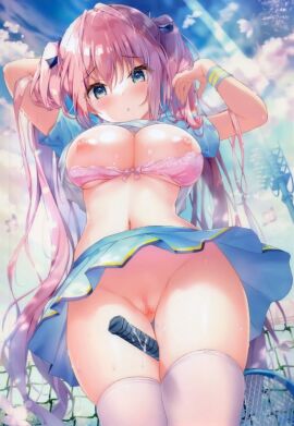 ass_visible_through_thighs bangs blue_eyes blue_skirt blush bow bra bra_pull breasts clothes_lift cloud day female hair_ornament large_breasts long_hair navel nipples no_panties outdoors pink_bra pink_hair pink_panties pussy pussy_juice shirt shirt_lift short_sleeves skirt sky solo thighhighs two_side_up underwear very_long_hair white_legwear