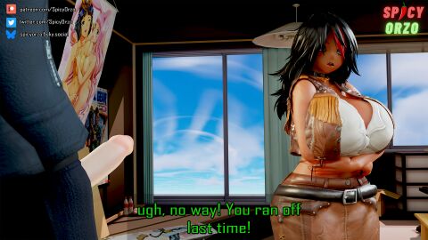 1boy 1girls 3d 3d_(artwork) big_breasts big_penis breasts clothed clothing english_subtitles english_text erect_penis erection female highres huge_breasts huge_cock large_breasts large_penis leon_(misterorzo) long_penis looking_at_penis male misterorzo partial_male penis penis_out sonia_maxine_scarlet spicyorzo text thick_penis tifa_lockhart_(cosplay)