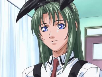00s 1girls 2001 animal_ears animated bible_black bible_black_night_of_the_walpulgiss blue_eyes bunny_ears female green_hair ito_mika long_hair necktie rabbit_ears school_uniform smile tagme