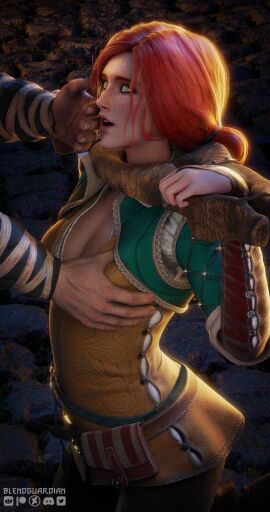 1boy 1girls 3d blendguardian breast_grab breasts clothing female freckles hand_on_head head_grab light-skinned_female light-skinned_male light_skin male nipples red_hair the_witcher_(series) the_witcher_3:_wild_hunt triss_merigold