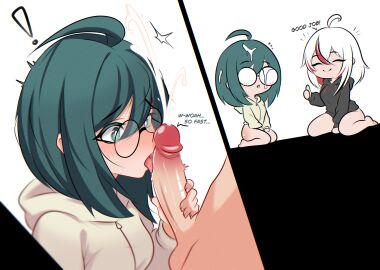 1boy 2025 2girls absurdres after_fellatio alice_(westyjuice) anb_(anb_draws) bottomless clothed_female_nude_male cum cum_on_eyewear english_text fellatio female green_eyes green_hair highres licking licking_penis looking_at_penis male minami_(anb_draws) multiple_females multiple_girls nude oral original penis round_eyewear thumbs_up white_background white_hair