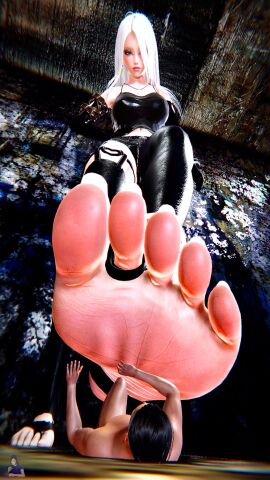 1boy 1girls 3d breasts feet female foot_fetish foot_focus giantess hairband light-skinned_female light-skinned_male light_skin long_hair low-angle_view macro male micro nier nier:_automata nude nude_male size_difference stepped_on white_hair yorha_a2