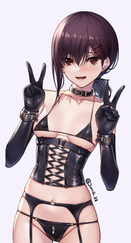 1girls belt belt_choker black_corset black_hair bra breasts brown_eyes chainsaw_man choker collar corset crotch_zipper dominatrix double_peace_sign double_v elbow_gloves eyes_open female female_only garter garter_belt garter_strap garter_straps garters gloves hairclip higashiyama_kobeni jurrig latex latex_bra latex_corset latex_garter_straps latex_gloves latex_lingerie latex_panties lingerie looking_at_viewer medium_breasts midriff navel panties ponytail solo v white_background wrist_cuffs zipper zipper_panties zipper_pull_tab