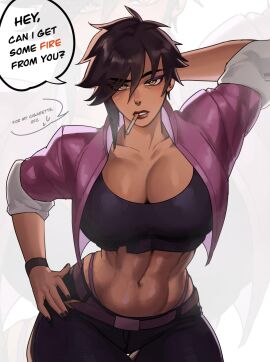 1girls bare_belly belly belt belt_buckle breasts brown_eyes brown_lips choker cigarette cigarette_in_mouth clothed courtney_(dispatch) dark_hair dispatch_(game) female flashing indoors invisigal jacket lloid lloid_(artist) medium_breasts messy_hair nose_piercing nose_ring office pants piercing short_hair short_hair_female slender slender_body slender_waist slim slim_waist smoking smoking_cigarette solo solo_female solo_focus standing superhero superheroine tomboy torn_pants