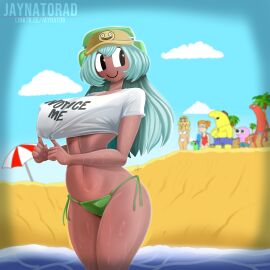 alan_(smiling_friends) beach beach_background big_breasts big_thighs bikini bikini_bottom breasts brown_body charlie_(smiling_friends) clouds dark-skinned_female dark_skin dolly_dimpley glep_(smiling_friends) hat headphones hourglass_figure hourglass_figured_female huge_breasts jaynator1 large_breasts large_thighs looking_back marge_simpson_(smiling_friends) navel pim_(smiling_friends) sand scantily_clad shirt shirt_pull showing_breasts showing_off smiling_friends string_bikini tagme umbrella water zoey_(smiling_friends)