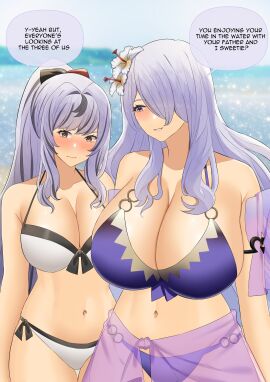 2girls alternate_costume big_breasts bikini breasts camilla_(fire_emblem) embarrassed english_text female female_only fire_emblem fire_emblem_fates fire_emblem_heroes genm7 huge_breasts large_breasts long_hair mother_and_daughter mother_daughter_boob_envy_(meme) nintendo official_alternate_costume original purple_bikini purple_hair purple_swimsuit text