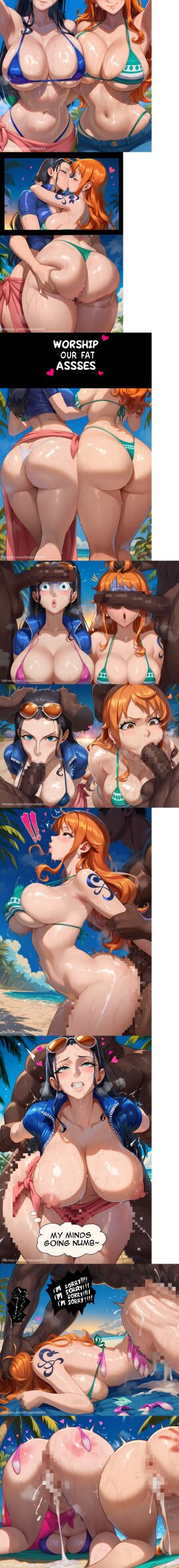 1boy1girl 2girls ai_generated beach beta_safe bikini busty caption cheating cleavage comic comic_page commission cum cum_in_pussy cum_inside cumshot dark-skinned_male deepthroat dialogue duo english_text fellatio female forced_oral gangbang huge_ass huge_breasts huge_cock huge_testicles interracial male multiple_boys nami_(one_piece) netorare nico_robin one_piece patreon patreon_url patreon_username public sex sinderellaart text text_bubble thick used_condom vaginal_penetration voluptuous yuri