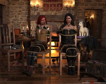 2girls 3d black_hair bondage chair clothed_bondage fully_clothed fully_clothed_female gagged panel_gag red_hair rendereddefenseless the_witcher_(series) the_witcher_3:_wild_hunt tied_to_chair triss_merigold yennefer