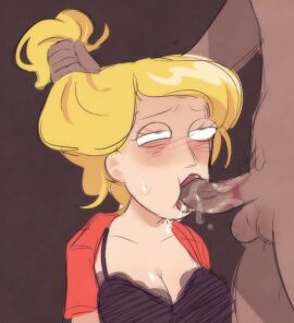 1boy 1girls adult_swim artist_request beth_smith big_penis blonde_hair blowjob bra dark-skinned_male dark_skin female holding_hair lipstick male milf penis rick_and_morty slobber tagme