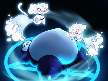 abunbot anthro avian belly big_belly bird blush clothed clothing digital_media_(artwork) duo expansion felid feline female female/female ghost hair hi_res huge_belly mammal open_mouth overstuffed overweight penguin possession simple_background smile spirit summoning_circle taut weight_gain