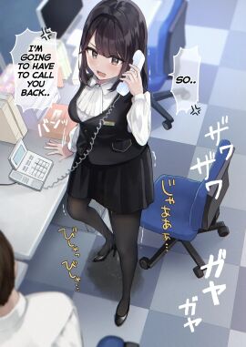 1boy 1girls anger_vein black_footwear black_hair black_pantyhose black_skirt black_vest blush breasts brown_eyes commentary_request corded_phone embarrassed english_text female high_heels holding holding_phone indoors long_sleeves male medium_breasts medium_hair miniskirt noa_cell office_lady omorashi open_mouth original pantyhose peeing peeing_self phone pleated_skirt shirt skirt solo_focus sound_effects speech_bubble talking_on_phone urine vest wetting wetting_self white_shirt