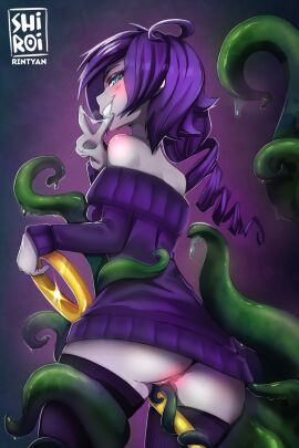 1girls 2022 ass bare_shoulders black_thighhighs blue_eyes blush consensual_tentacles female female_only green_tentacles hi_res long_hair looking_at_viewer looking_back looking_back_at_viewer no_panties purple_hair purple_sweater pussy rin_tyan shiroi_rin smiling smiling_at_viewer solo sweater tentacle tentacles_on_female thighhighs v_sign zone-tan