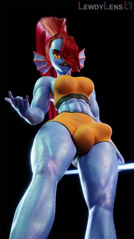 1futa 3d abs anthro athletic athletic_wear black_background blender_(software) blue_body bottomwear bra bulge bulge_to_side clothing fish futanari gym_bottomwear gym_shorts hair hair_over_eye hi_res intersex know_your_place lewdylens looking_at_viewer looking_down looking_down_at_viewer low-angle_view marine melee_weapon midriff muscular muscular_futa muscular_intersex one_eye_obstructed polearm red_hair scales sharp_teeth shorts simple_background solo spear sports_bra teeth tight_clothing undertale undertale_(series) underwear undyne weapon yellow_eyes
