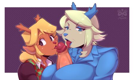 1boy 2girls big_breasts big_penis big_titties breasts brown_skin carol_holiday clothing deer deer_girl deltarune deltarune_chapter_4 female female_focus furry furry_female furry_only licking_penis looking_at_viewer male milfs mr_mapache noelle_(deltarune) noelle_holiday paizuri penis short_hair titjob undertale_(series) yellow_hair
