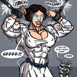 biceps big_breasts breasts brown_hair female hair muscular muscular_arms muscular_female princess_leia_organa rebel_(star_wars) ritualist_(artist) speech_bubble star_wars text