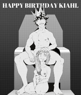 1boy between_legs breasts chubby_female crown cum_drool cum_on_body cum_on_breasts cum_trail cumming drooling female hand_on_head huge_cock izuku_midoriya leaking_cum looking_at_partner looking_up looking_up_at_partner male muscular muscular_male my_hero_academia no_penetration ochako_uraraka penis penis_between_breasts petting sitting_between_legs size_difference throne toned woolysart