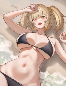 alternate_costume arepko arm_up bare_shoulders bikini black_bikini blonde_hair breasts breasts_apart burnice_white collarbone commentary_request female from_above hand_up highres large_breasts looking_at_viewer lying medium_hair navel on_back orange_eyes pointy_chin sand sidelocks signature smile solo stomach swimsuit teeth twintails upper_teeth water wet zenless_zone_zero