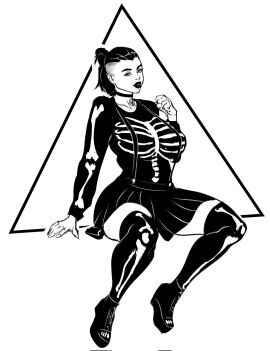 1girls 2d big_breasts black_and_white breasts busty female female_focus female_only foolymagooly full_body fully_clothed goth goth_girl hourglass_figure izra large_breasts monochrome morgan_capone sitting skeleton_clothing skirt solo suspenders sweater tagme thighhighs wide_hips