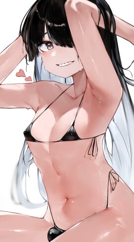 1boy absurd_res armpits arms_up belly_button bikini_bottom bikini_only bikini_top black_eyes black_hair blush bulge femboy hi_res long_hair male male_only multicolored_eyes multicolored_hair navel presenting_armpit sharp_teeth solo stomach string_bikini teeth thighs two-tone_hair udonya613 white_eyes white_hair