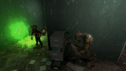 1boy 1girls 3d bangs duo female filing_cabinet foreplay glow_sticks glowing_eyes green_hair green_skin half-life_(series) half-life_2 male mochi's_vortigaunt muneman paper red_eyes short_hair straight vortigaunt zombie zombies