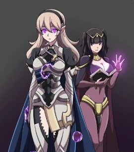 2girls black_bra black_panties cleavage clothes_disappearing corrin_(fire_emblem) corrin_(fire_emblem)_(female) corruption dissolving_clothes electrickronos female_only glowing_eyes hypnosis large_breasts midriff mind_control removing_clothing stripped tagme tharja_(fire_emblem) undressed video