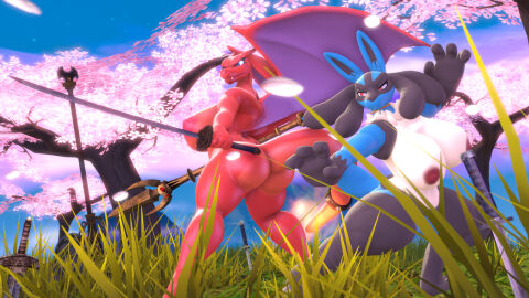 16:9 3d anthro areola ass big_ass big_breasts big_butt black_body black_fur blossoms blue_body blue_eyes blue_fur blue_wings breasts brown_areola brown_nipples charizard digital_media_(artwork) duo female forest fur generation_1_pokemon generation_4_pokemon grass leaf lucario melee_weapon nintendo nipples orange_body orange_scales orange_wings pink_areola pink_nipples plant pokemon pokemon_(species) red_eyes scales source_filmmaker_(artwork) sword thick_thighs tigura tree weapon wide_hips widescreen wings yellow_body yellow_fur yellow_scales